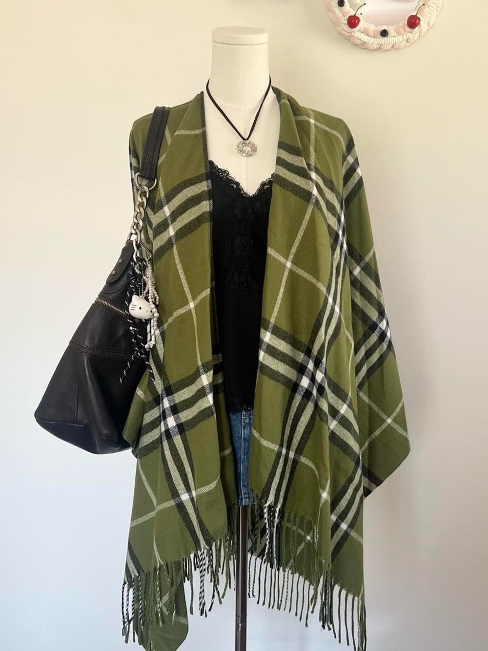 Plaid Green Poncho with Fringe